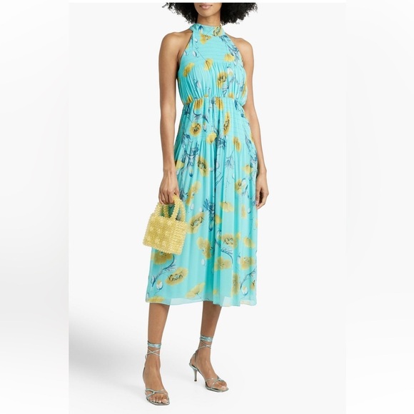 NEW DVF Lupin Floral-Print Plissé Chiffon Midi Dress Sz 6 Turquoise Floral - Picture 2 of 14
